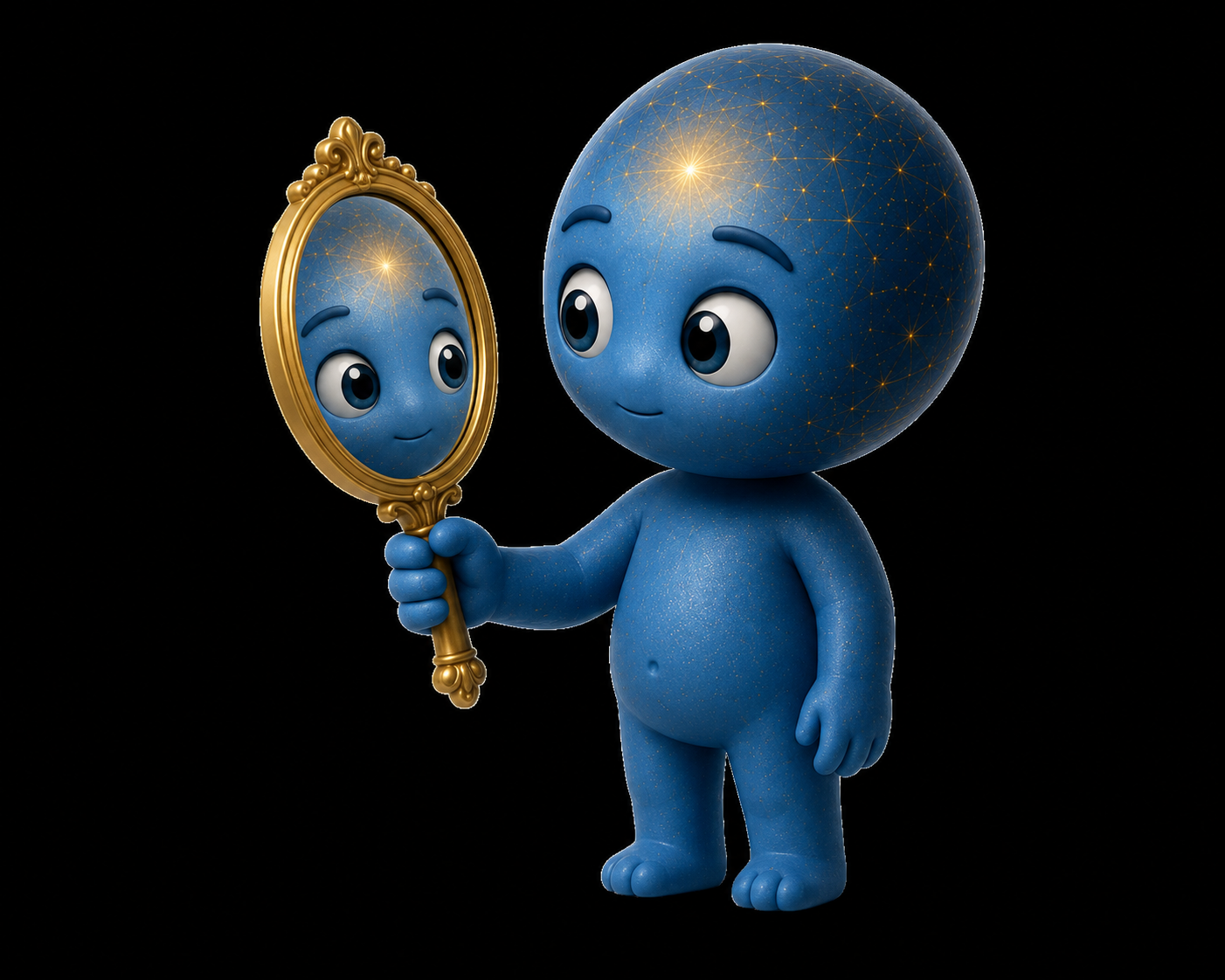 Miro holding a mirror and looking at his reflection