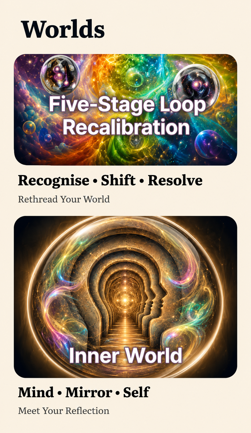 Illustrative preview of the Worlds screen, showing the Five-Stage Loop Recalibration and the Inner World
