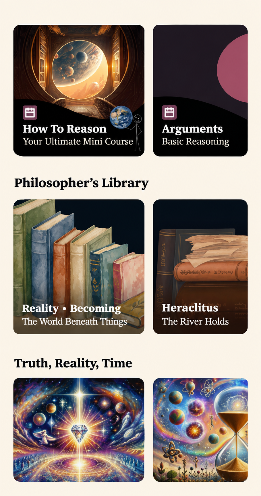 Illustrative preview of the Philosopher's Library, with reasoning courses and philosophical explorations