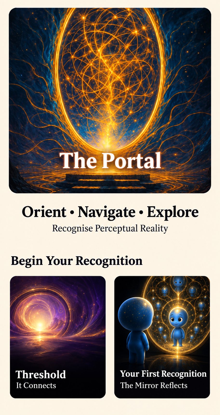 Illustrative preview of The Portal screen in the Recognition Loops app, with the Threshold and Your First Recognition experiences