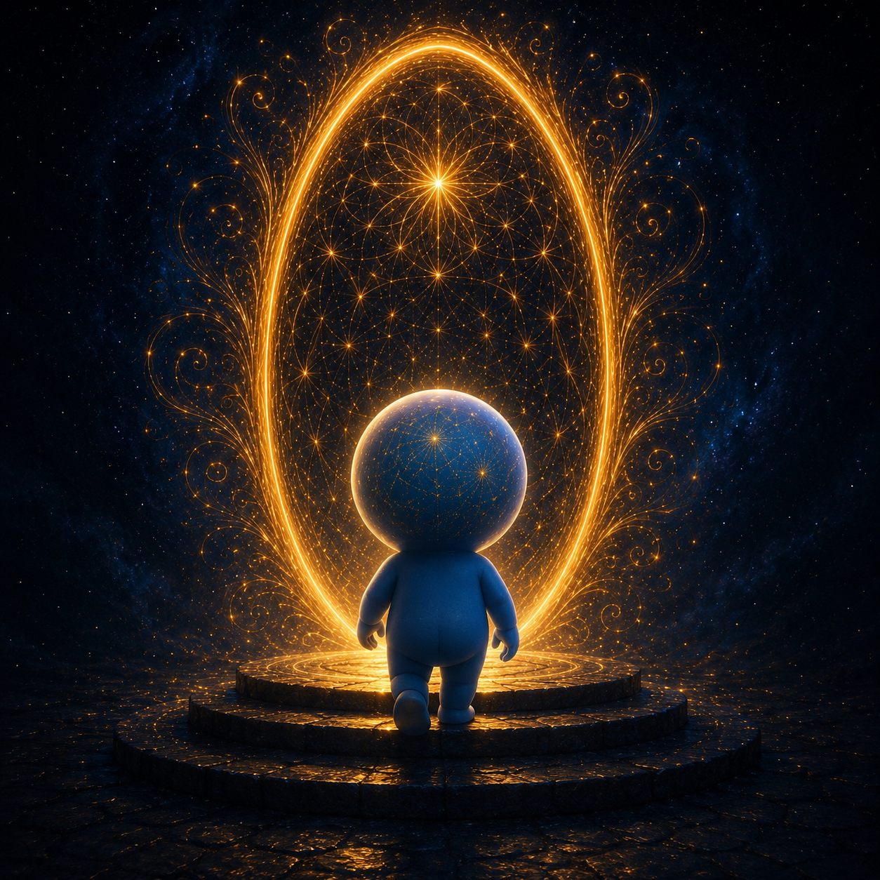 Miro walking towards a luminous golden portal