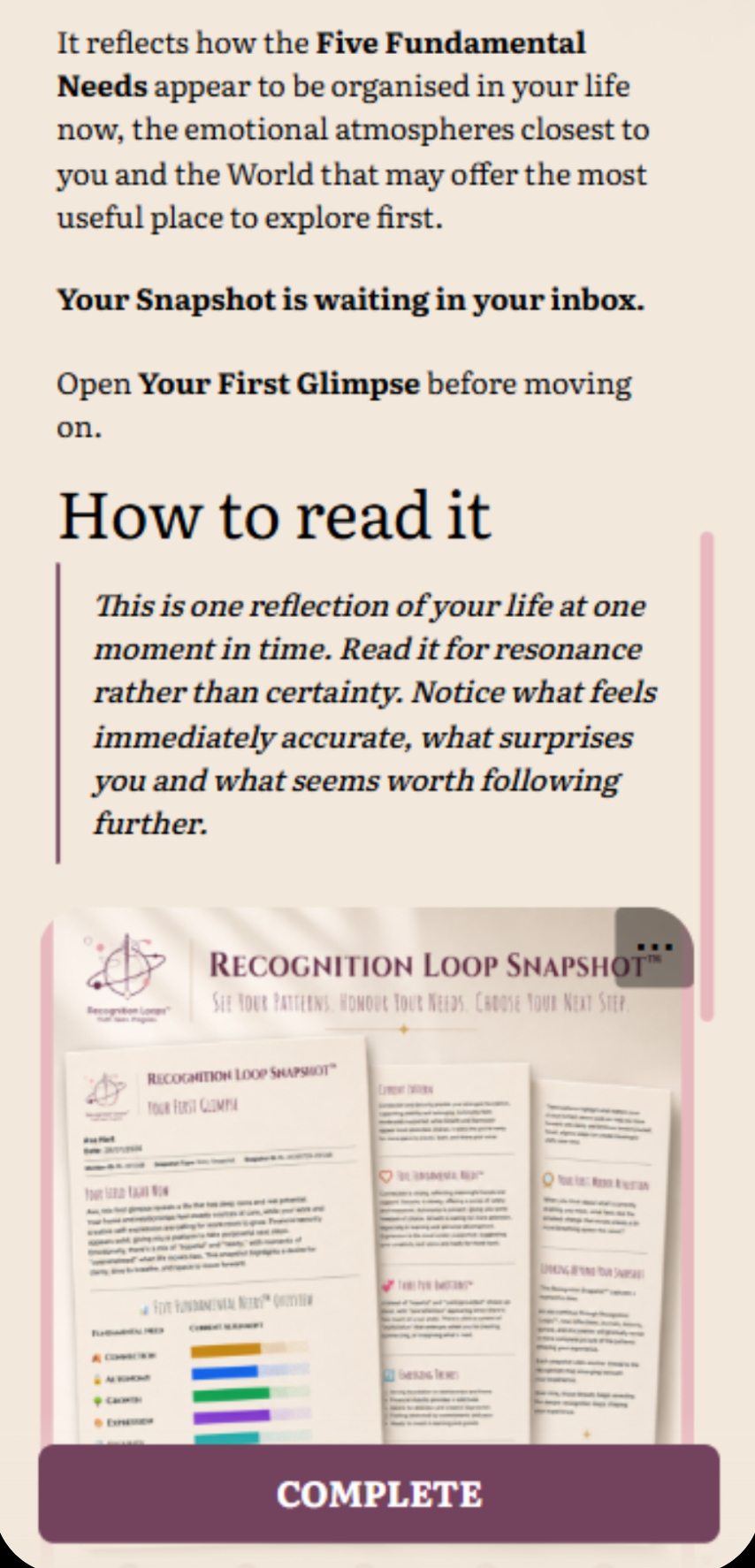 Inside a Recognition Loops lesson, showing how to read your Recognition Loop Snapshot™